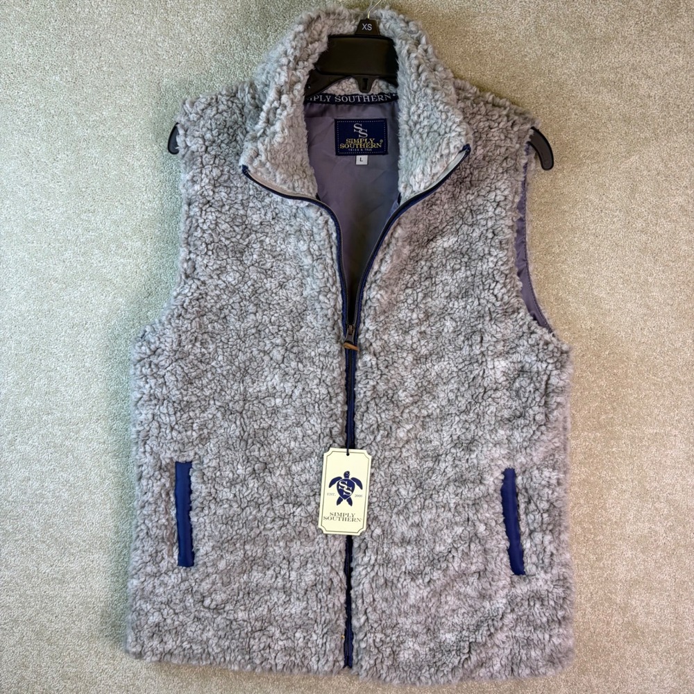 Simply Southern Sherpa Vest Womens Large Pearl Gray Full Zip Faux Fur Fleece NEW